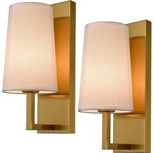 Gold Wall Sconces Set of Two Mid-Century Modern Fabric Shade Sconces Wall Lighting Indoor Brass Wall Lamp for Bedroom Hallway Living Room