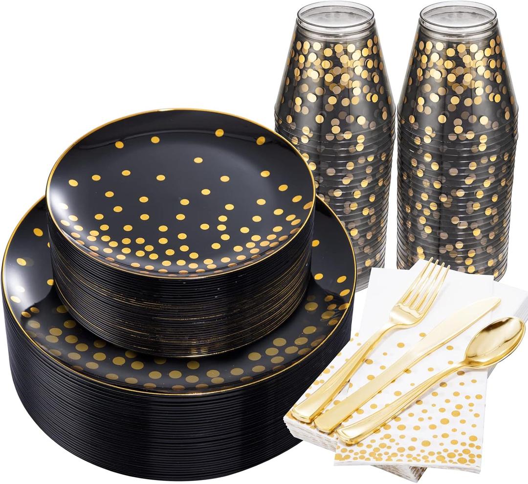 U-QE 350PCS Black Gold Plastic Plates - Halloween Black Plastic Dinnerware Sets for 50 Guests - 100 Disposable Plates, 150 Silverware, 50 Cups, 50 Napkins for Halloween & Wedding & Party