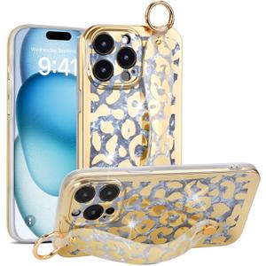 for iPhone 14 Pro Wrist Band Kickstand Cover Case Cheetah Print Ultra Slim IMD Shockproof Protection Holder Cover Case for Apple iPhone 14 Pro 6.1-inch (Leopard Skin Pattern)