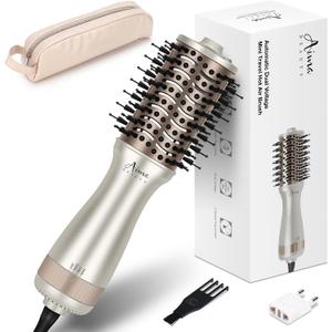 Aima Beauty Small Auto Dual Voltage Hair Dryer Brush Cool Shot Hot Air | Travel 2 Inch Oval Barrel Lift Hair Root Negative Ionic Frizz-Free Straightening/Volumizing/Detangle/Drying Champagne Silver