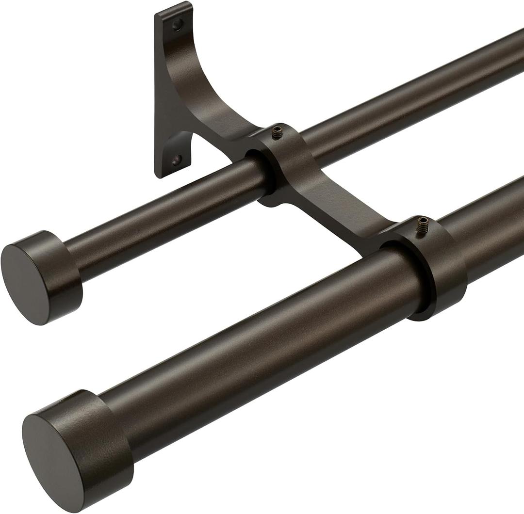 Double Curtain Rods with Aluminum End Cap and Full Surround Brackets,1"Front and 5/8" Back Rod,Adjustable between 36 to 72 Inches (3-6 Feet), Dark Bronze Double Window Drapery Rod