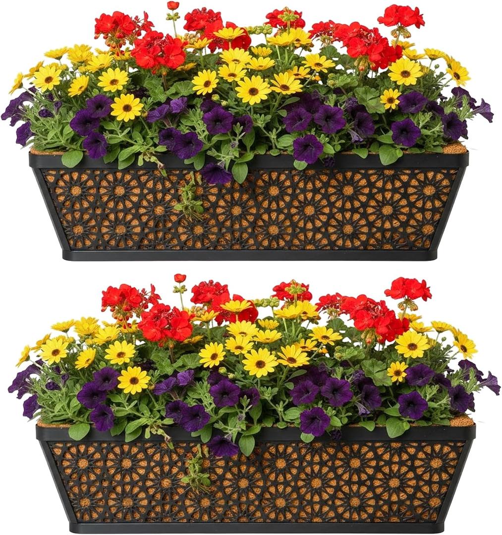 2 Pack Round Hole Railing Planter Window Box 24" Horse Trough Planter with Coco Fiber Liner Deck Balcony Rail Planters Metal Black Hanging Flower Planters Window Basket for Outdoor Porch Fence Patio