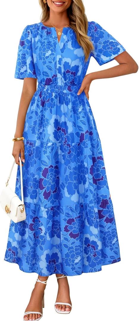 MEROKEETY Women's Spring Summer Floral Maxi Dresses 2026 Casual Beach Vacation Boho V Neck Short Sleeve Midi Dress Pockets, Blue, Large