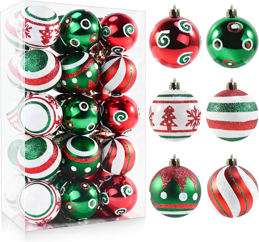 2.36 Christmas Balls Ornaments - 30PCS Plastic Christmas Tree Ornaments Balls Shatterproof, 2025 White Green and Red Hanging Decorations for Christmas