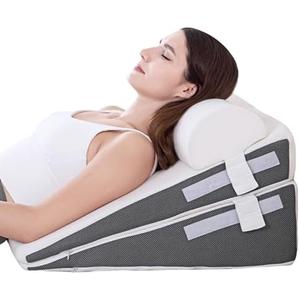 GOHOME Cooling Wedge Pillow Set for After Surgery, 3-Piece Adjustable Memory Foam Bed Wedge Pillow for Sleeping - Acid Reflux, Snoring, Neck Pain and Back Pain, White and Grey, Size: 9 & 12 In (3 Set)