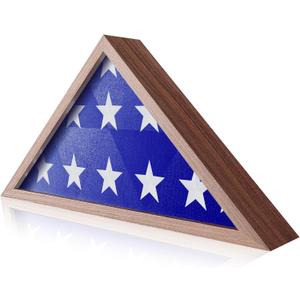 Flag Display Case - 5' x 9.5' Funeral & Military Flag Shadow Box with HD Tempered Glass and Wall Mount, Folded Triangle Flag Holder Frame for Veterans, Rustic Brown