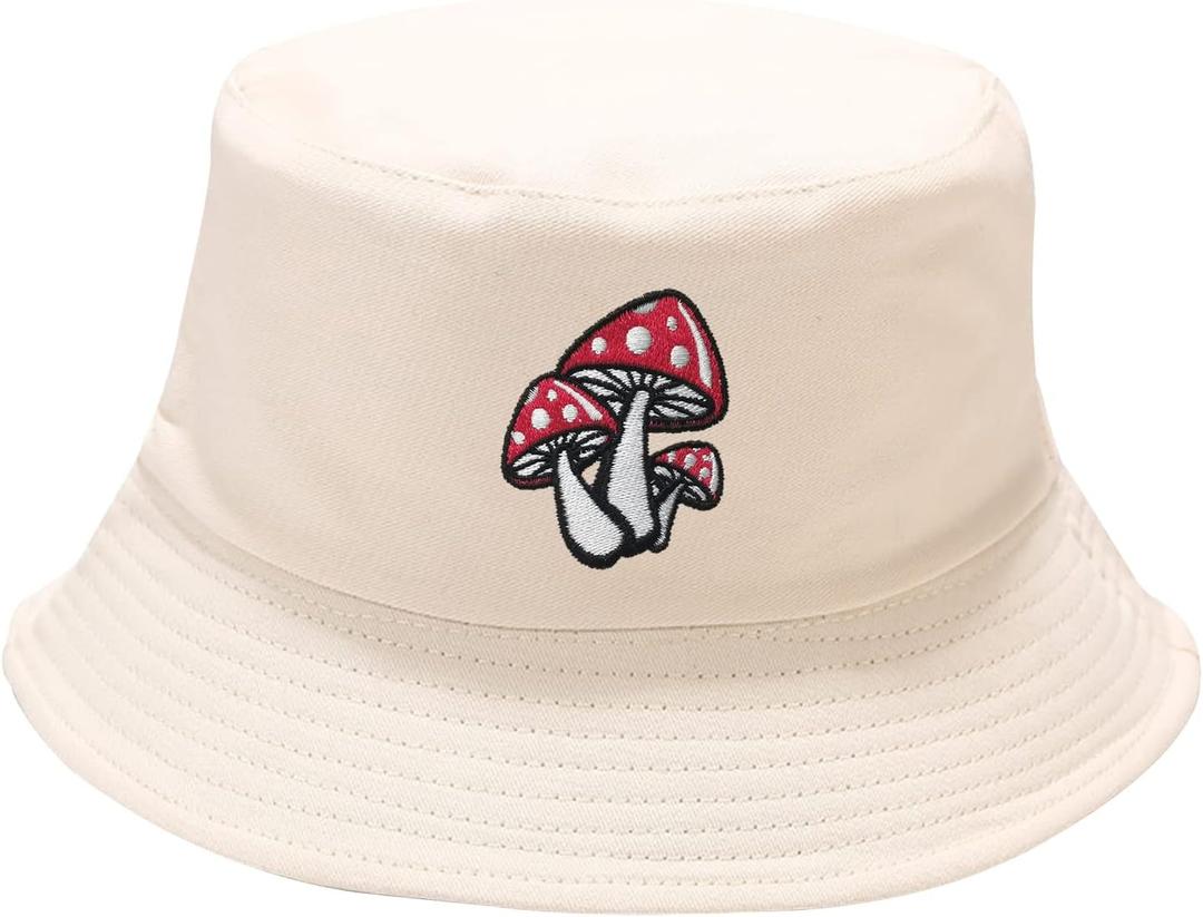 Embroidered Mushroom Bucket Hat for Women Girl Men, Soild Beige Summer Travel Embroidery Beach Sun Hat Outdoor Fisherman Cap Unisex (Beige)