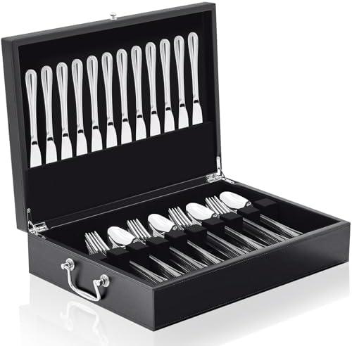 DoubleFill 1 Layer Leather Silverware Storage Box with Lid and Drawer Handle, 15.3 x 11.2 Inch, Black Flatware Organizer with Felt-lined for Utensils, Kitchen Gift