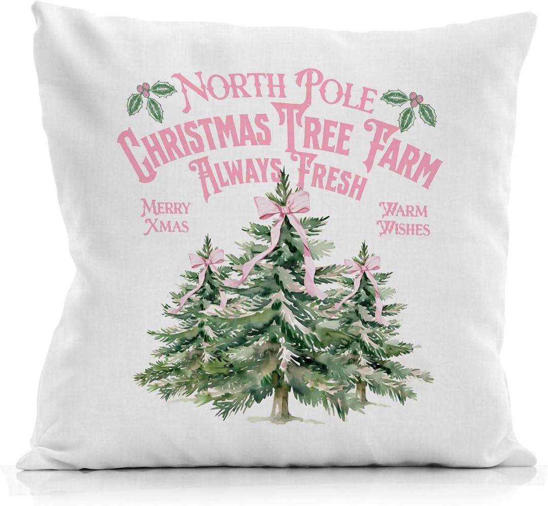 2 x Pink Christmas Pillow Covers 18x18, North Pole & Coquette Bow Tree Pillows for Couch & Living Room Decor