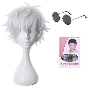 Anime Satoru Gojo Cosplay Wig with Black Glasses White Short Silver Men's Heat Resistant Hair for Halloween Costume Party