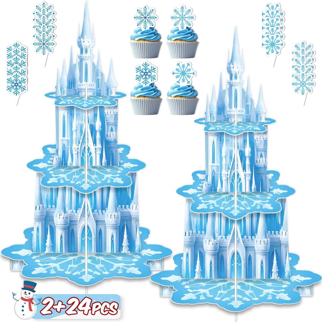 Happynow 2Sets Winter Party Cupcake Stand Decorations, with 24pcs Cupcakes Toppers - 3-Tier Blue Snowflake Cake Tower for Birthday Supplies, Cardboard Dessert Holder