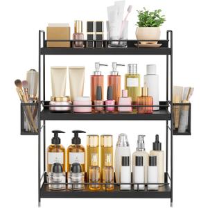 Bathroom Counter Organizer, Bathroom Countertop Organizer with Baskets, Vanity Organizers, Counter Shelf, Countertop Storage, Makeup Organizers (Black)