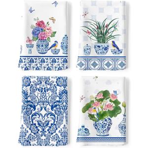 Flower Bird Tea Towels, Spring Summer Cotton Kitchen Towel 18.927.5 inch, Quick Drying Dish Cloth for Party Anniversary Holiday Decoration Housewarming Gifts (Blue and White Porcelain)