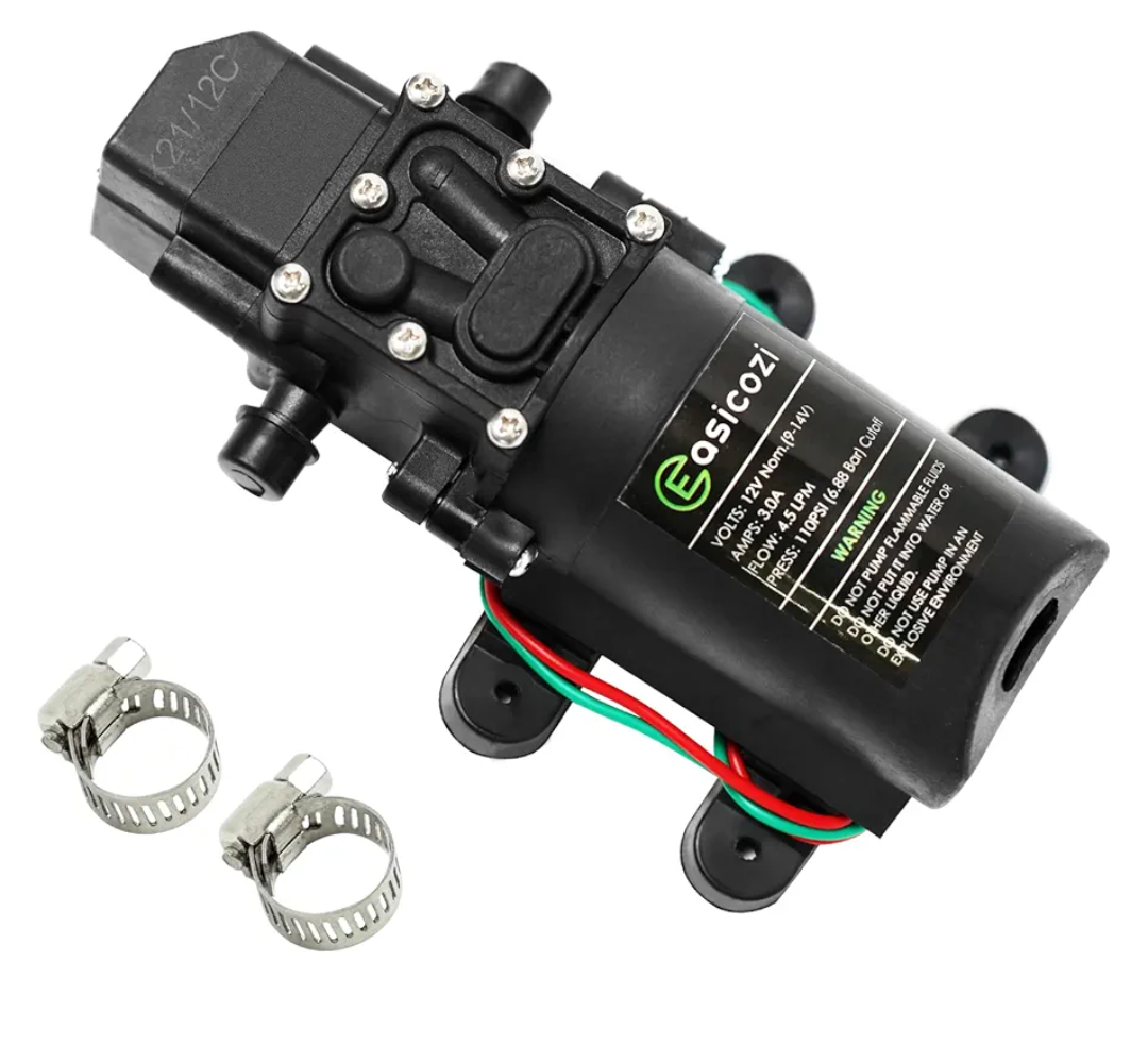 12V DC Fresh Water Pump with 2 Hose Clamp 12 Volt Diaphragm Pump Self Priming Sprayer Pump with Pressure Switch 4.5 L/Min 1.2 GPM 110 PSI Adjustable for RV Camper Marine Boat Lawn