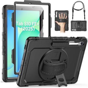 SEYMAC Case for Samsung Galaxy Tab S10 FE+/ S10 FE Plus 5G 13.1 2025, Heavy Duty Full-Body Shockproof Protective Case with Screen Protector, Stand, Hand/Shoulder Strap and Pen Holder, Black