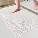 Waffle Bathroom Rugs 24x60 Super Absorbent Non Slip Bath Floor Mat Washable Dry Fast Bath Mats with Tassels Ultra Soft White Boho Area Rug for Tub