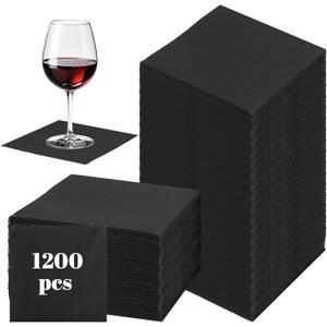 1200 Pcs Black Cocktail Napkins, 2 Ply 5 x 5 Inch Disposable Wood Paper Square Dinner Beverage Napkins for Party, Birthday, Wedding, Restaurant, Bar