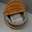 Wicker Picnic Basket with Handle, 15" Large Picnic Basket with Lid & Removable Liner, Vintage Hand Woven Basket with Blanket for Picnics, Camping, Thanksgiving, and Birthday (3-person, Grey-white Stripes)