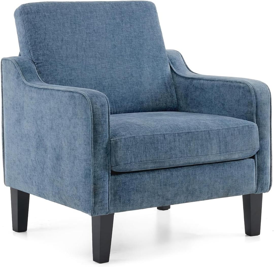 VINGLI Mid Century Modern Accent Chair, Navy Blue Chenille Chairs for Living Room Upholstered Armchair with Scooped Arms for Bedroom, Apartment, Studio, Office, Waiting Room