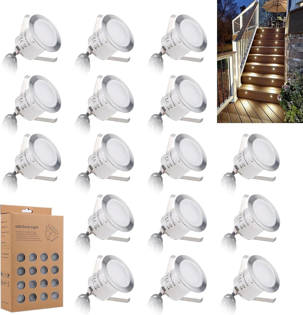 Recessed LED Deck Light Kits 16 Pack, IP67 Waterproof Outdoor Landscape In-ground Lighting, 12V Low Voltage Deck Lighting for Garden,Yard,Patio,Step,Stair,Floor Decoration.