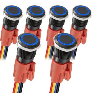 APIELE Latching Push Button Switch 16mm 0.63'' 12V- 24V DC LED SPDT 1NO1NC Aluminium Alloy Metal Push Button Switch with Pigtail 6PCS (Black Shell-Blue, 16MM)