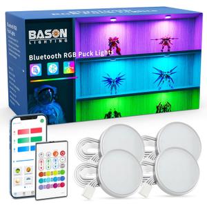BASON LIGHTING RGB Under Cabinet Lighting, Halloween Decoration Lights, Bluetooth APP Control LED Puck Lights, Dimmable, Adapter Powered Shelf Decorative for Kitchen, Counter, Glass Cabinets