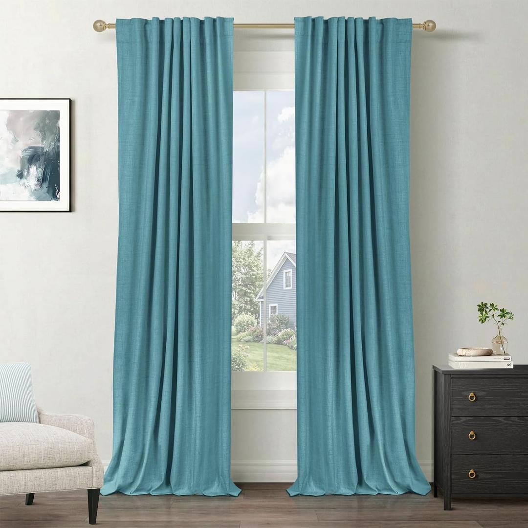100% Blackout Shield Linen Blackout Curtains for Bedroom 84 Inches Long, Back Tab/Rod Pocket Living Room Drapes, Thermal Insulated Blackout Curtains 2 Panels Set, 50" W x 84" L, Dark Cyan