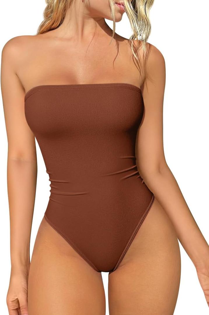 OQQ Womens Tube Bodysuits Strapless Basic Sleeveless Ruched Stretch Classic-Fit Tops Sexy Bodysuits (Large, Caramel)