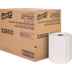 Genuine Joe Embossed Hardwound Roll Towels, 2" Core, 1-Ply, 7.8" x 600', White, 12 Count, 7.9" x 600'