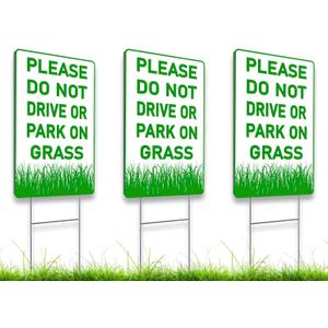128 inch 3X Please Do Not Drive Or Park On Grass Double Sided Plastic Signs with Metal Wire H-Stakes - Stay Off Lawn Sign - No Parking on Grass - No Parking Private Driveway - Keep Off The Yard Sign