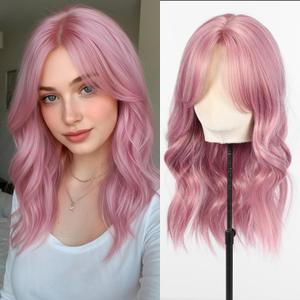 testar Pink Wig Medium Length Lavender Wigs for White Women 20 Inch Short Middle Part Bob Wig Heat Resistant Synthetic Wavy Curly Wigs for Girls Daily Party/Christmas Use