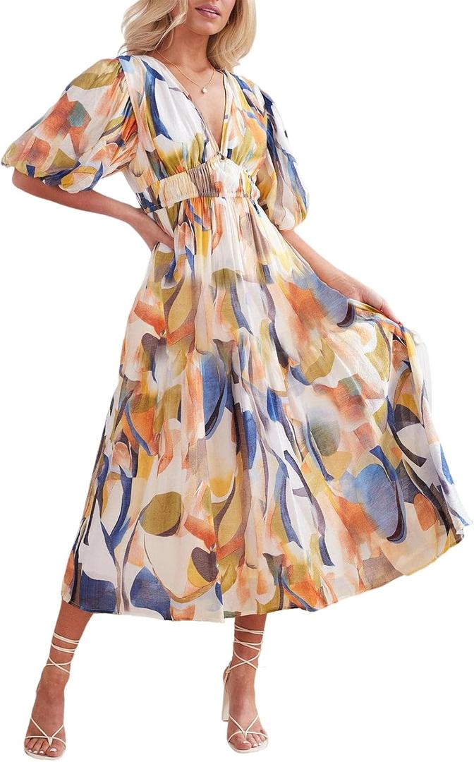 Sissyaki Women's Boho Floral Maxi Dress Summer Fall Wedding Guest Dress (Large)
