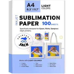 Printers Jack Sublimation Paper - Heat Transfer Paper 100 Sheets 8.3" x 11.7" for Any Epson HP Canon Sawgrass Inkjet Printer with Sublimation Ink for T-shirt Mugs DIY