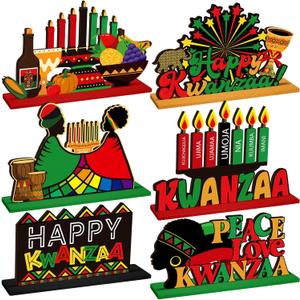 6 Pcs Kwanzaa Table Decorations Happy Kwanzaa Wooden Centerpiece African Heritage Table Sign for Holiday Party Supplies Home