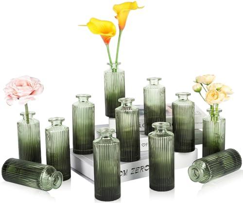 UPBUD Green Glass Bud Vases Set of 12, Mini Ribbed Flower Vase for Centerpieces, Small Glass Vases in Bulk for Wedding Decorations, Vintage Vase for Table, Housewarming Gift, Home Décor