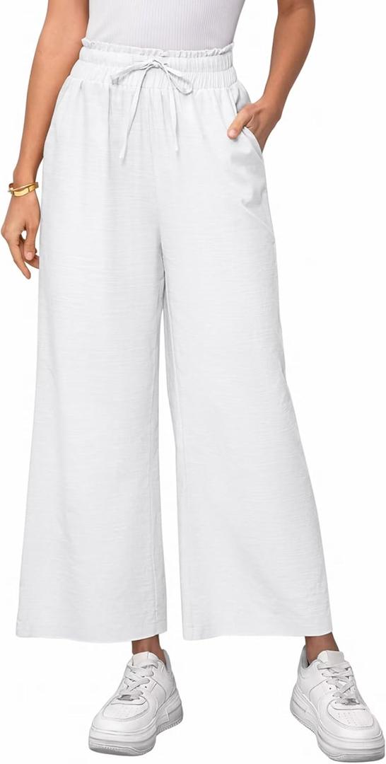 Women's Linen Pants Relaxed Fit High Waisted Boho Chic Ankle Pants Summer Beach Vacation Wide Leg Trousers (White, XL)