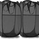 TECHMILLY Collapsible Mesh Pop Up Laundry Hamper with Sturdy Handles and Side Pocket - Portable Foldable Clothes Baskets for Dorm, Bathroom & Travel Storage (Black, 2 Packs)