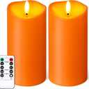Outdoor Flameless Candles with Remote Timer - Waterproof Realistic Flickering LED Pillar Electric Battery Operated Fake Candle for Halloween Holiday Home Fireplace Decor - Orange 2 Pack (6"6")