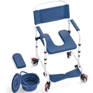 Shower Chair with Wheels, Two Modes Bedside Commode with Wheels, Aluminum Shower Wheelchair with Footrest, Portable Toilet with Bucket for Elderly and Disabled, 300 LBS Weight Capacity