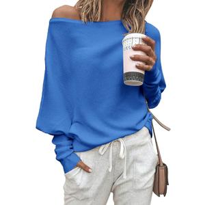 Zenlonr Women's Fall Sweaters 2025 Casual Long Batwing Sleeve Loose Off Shoulder Knit Pullovers Jumper Tops (Medium, Brilliant Blue)