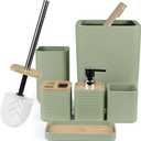 CERBIOR Bathroom Accessories Set 6 Piece Bamboo Bath Ensemble Includes Soap Dispenser, Toothbrush Holder, Toothbrush Cup, Soap Dish for Decorative Countertop and Housewarming Gift (Green)