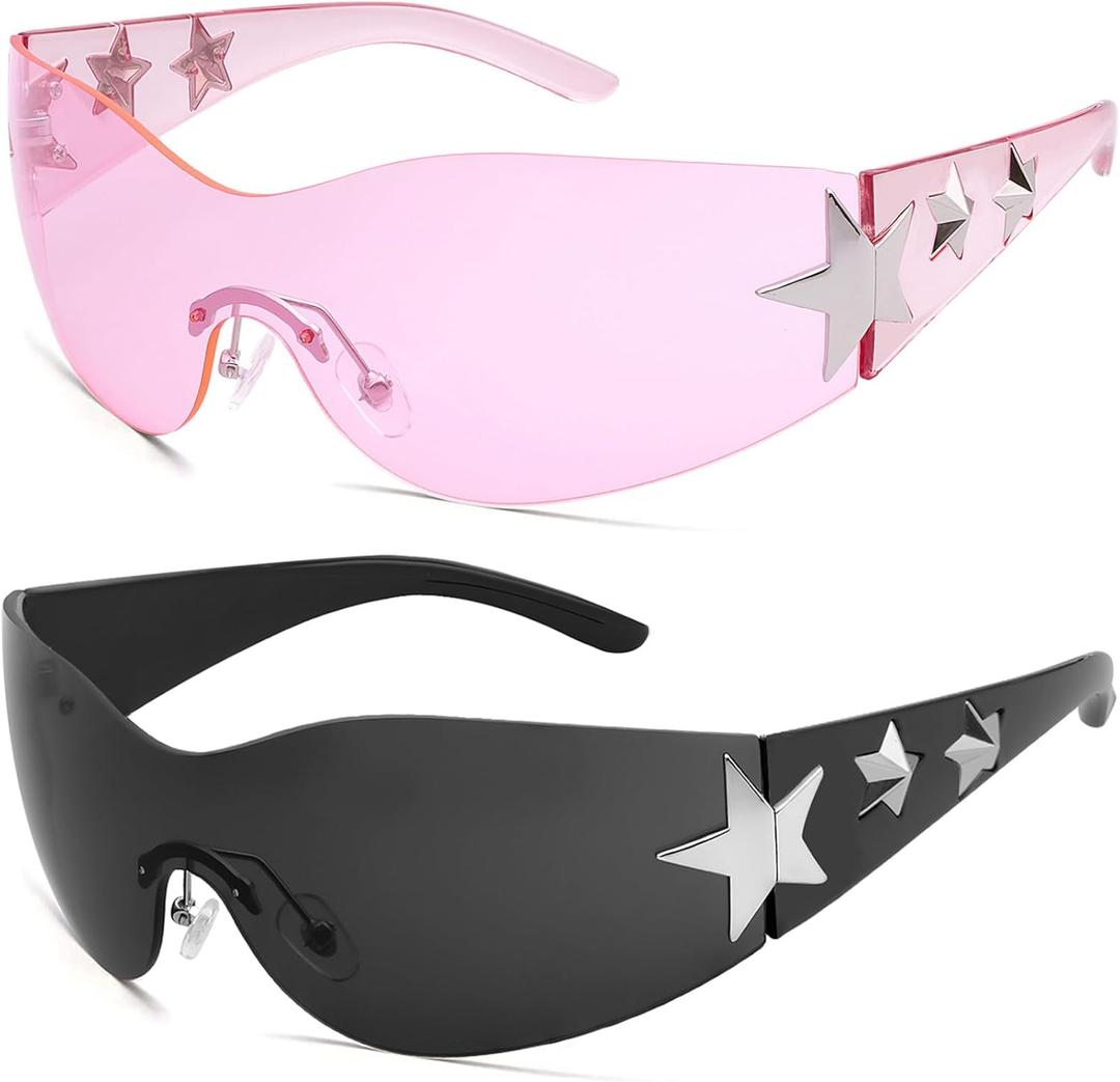 Rimless Y2K Sunglasses Star Wrap Around Glasses 2000S Accessories for Women Men Trendy Fashion Cool Shield Shades (Black/ Black, Pink/ Pink)