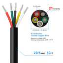 20 Gauge 5 Conductor Electrical Wire, 50FT 2464 20AWG 5 Wire Cable Black PVC Stranded Tinned Copper, 20/5 Cord Extension Low Voltage Cable