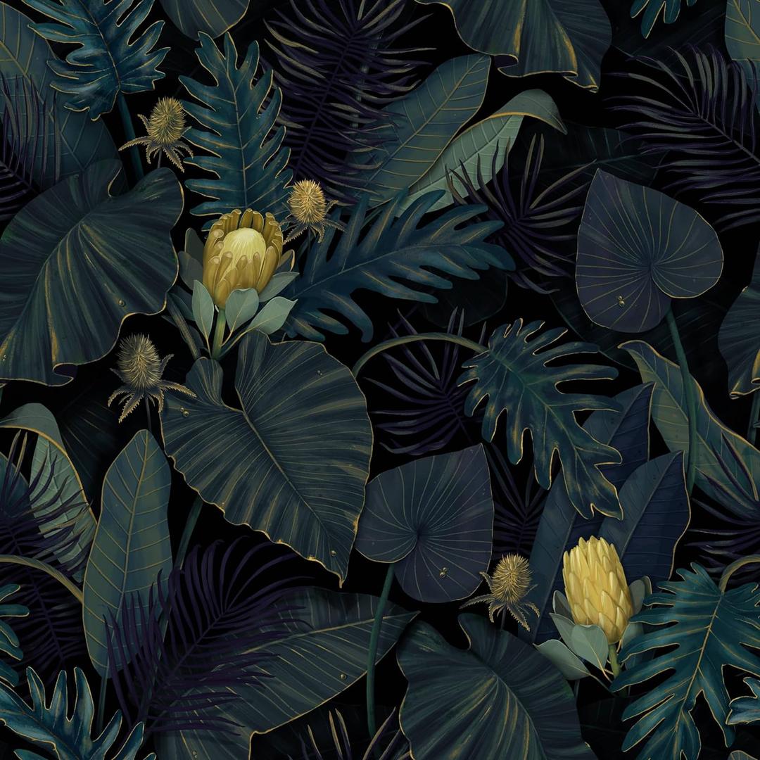 Tropics Plants Floral Peel and Stick Wallpaper, 17.71in X 236.2in Self Adhesive Removable WallPaper Black/Dark Green/Yellow Contact Paper Waterproof Decorative Vinyl Wallpaper for Bedroom Living Room