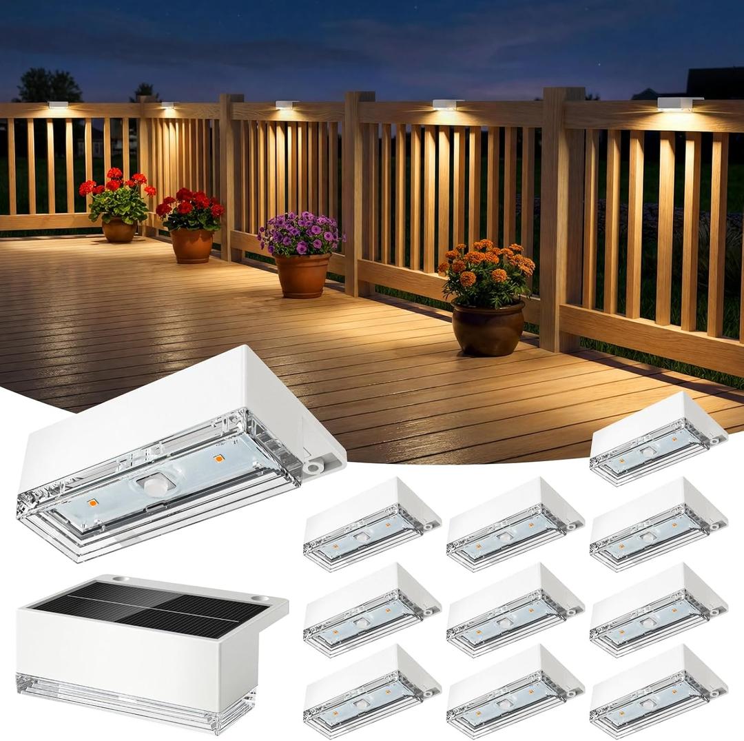 JOFIOS Solar Deck Lights 12 Pack, 3 Color Modes Soft Warm/Natural/Cool Glow, IP65 Waterproof Step Lights for Outdoor Ambiance, Solar Lights for Fence, Deck, Railing, Patio & Backyard Decor (White)