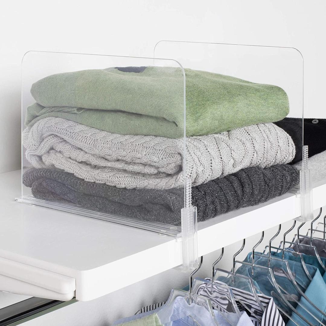 Richards Homewares Acrylic Shelf dividers 2 Pack- Closet Organizer and Storage for Purses, Sweaters, Clothes or Books - Clear Separators for Bedroom Kitchen Cabinets or Office Shelves
