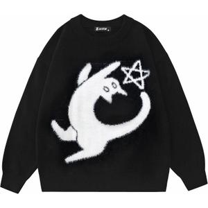 Laixton Mens Graphic Sweater Unisex Long Sleeve Knit Oversized Sweater Aesthetic Streetwear Casual Sweaters Tunic Tops (Black, L)
