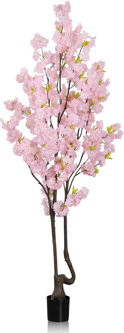 Faux Pink Cherry Blossom Tree 7ft (84in) Tall Artificial Plant Indoor Decor Handmade Natural Fake Cherry Sakura Tree for Wedding Realistic Tree Plant in Pot for Home Living Room,Office,Outdoor Decor. (2ft 11in)