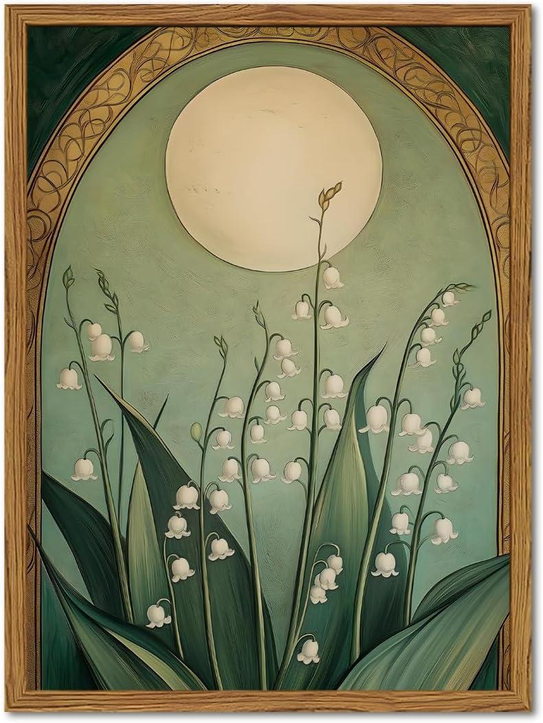 Framed Vintage Lily of the Valley Wall Art, Moody Boho Floral Moon Pictures Wall Decor, Mystical Emerald Green Botanical Paintings Canvas Prints Art Nouveau Home Decor for Living Room Bedroom 16x24in
