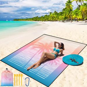 WIWIGO Beach Blanket Waterproof Sandproof Beach Mat 79" X 83"/10'x9'for 2-8 Adults Quick Drying Outdoor Picnic Mat Beach Accessories for Travel, Camping, Hiking (Coconut Tree-sundown Color)